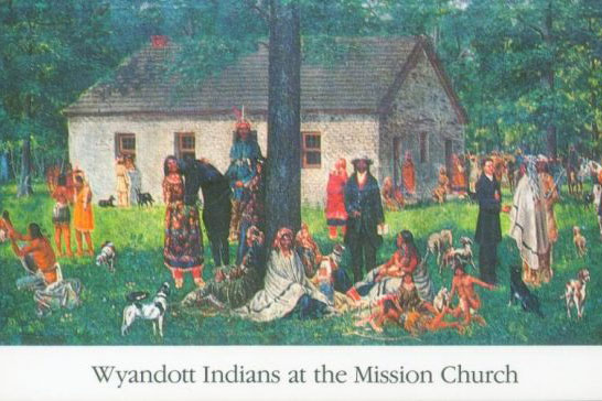 Illustration of the early days of the Wyandott Mission Church. Image courtesy the General Board of Global Ministries of The United Methodist Church.