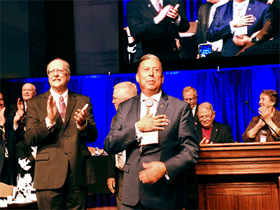 The Rev. David Wilson, the first Native American United Methodist bishop, accepts congratulations after his election to the episcopacy at the South Central Jurisdictional Conference Nov. 2 in Houston. File photo by Sam Hodges, UM News.