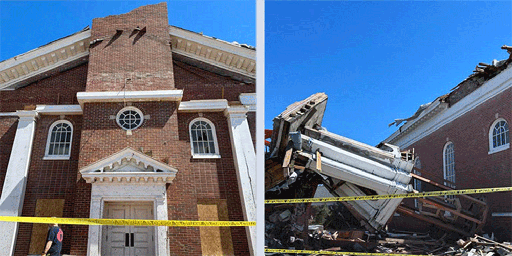Wynne First United Methodist Church, in the east Arkansas town of Wynne, shows the effects of a March 31 tornado that killed four people and caused widespread destruction. Photos by Bishop Laura Merrill.
