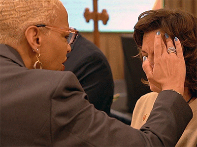 East Ohio Conference Bishop Tracy Smith Malone, Council of Bishops president-designate, anoints new Arkansas Conference Bishop Laura Merrill at a worship service for welcoming new bishops. The class of 17 new bishops is part of what gives church leaders hope for navigating a way through church disaffiliations toward a brighter future for The United Methodist Church. Photo by the Rev. Todd Rossnagel, Louisiana Conference.