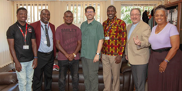 Collins Prempeh from Ghana (purple smiley t-shirt), Reverend Tom Hudspeth, Associate Pastor, VC Rev. Professor Peter Mageto, Rev. Dr. Kirk VanGilder, Candas Barnes and (far left)Martin Sichone from Zambia.