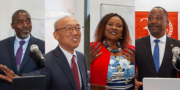 (l-r) Africa University Vice Chancellor Reverend Professor Peter Mageto, Ambassador of the Embassy of Japan in-Zimbabwe His Excellency Satoshi Tanaka, Ms. Martha Chikowore Acting Head Academic Institutions and Executive Programs WIPO Academy and Head ARIPO Academy Dr. Outule Rapuleng.