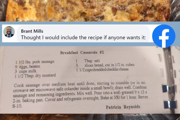 Breakfast casserole recipe share by Brant Mills via Facebook