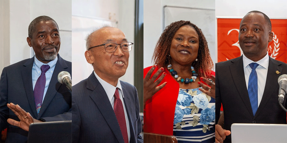 (L-R) Africa University Vice Chancellor Reverend Professor Peter Mageto, Ambassador of the Embassy of Japan in-Zimbabwe His Excellency Satoshi Tanaka, Ms. Martha Chikowore Acting Head Academic Institutions and Executive Programs WIPO Academy and Head ARIPO Academy Dr. Outule Rapuleng.