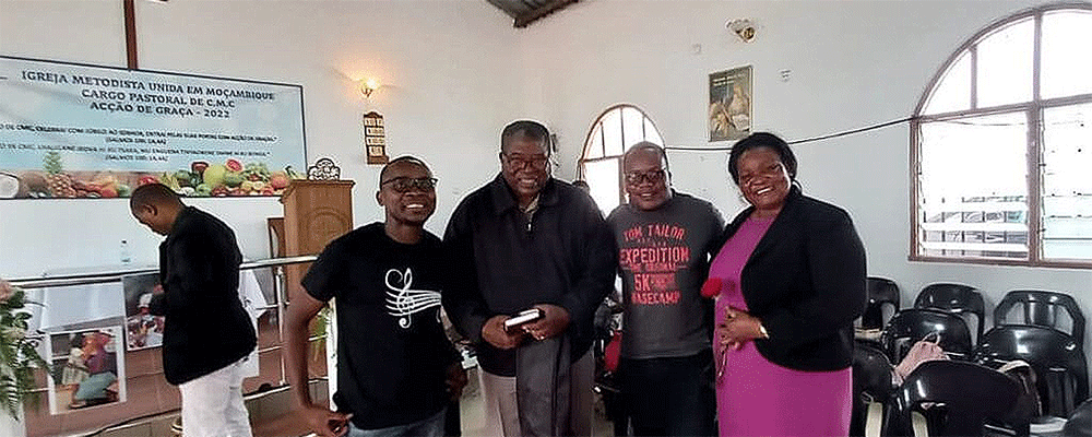 The Rev. Olga Marie Raimundo Choto (far right) with the music team at her United Methodist Church in Mozambique. PHOTO: Courtesy of Olga Choto