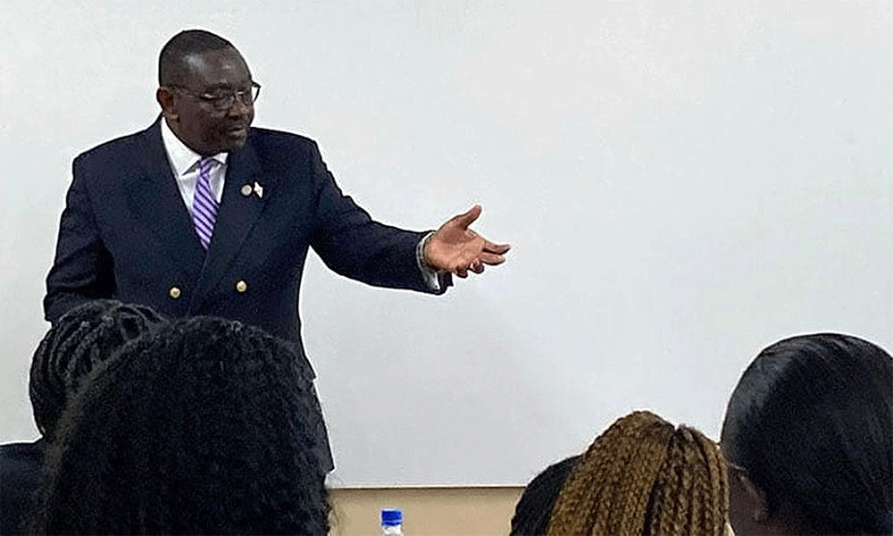 N. Oswald Tweh, Judicial Council president and a lawyer in Liberia, speaks to students at Africa University’s law school about the role of The United Methodist Church’s top court. The Judicial Council, which includes United Methodists from around the globe, met Oct. 27-Nov. 1 on the campus of the pan-African United Methodist university in Mutare, Zimbabwe. The fall 2023 session marked the church court’s first meeting on the continent of Africa. Photo by Heather Hahn, UM News.