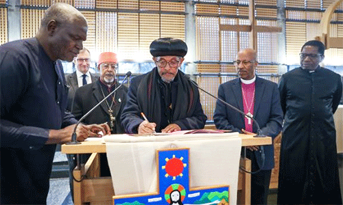 Ethiopian church leaders signed a resolution document showing their commitment to the new process of unity and ecumenical cooperation.  Photo:  Ivars Kupcis/WCC