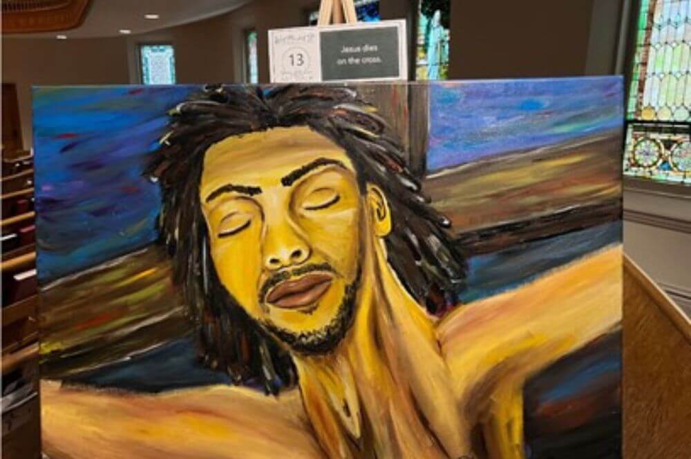 Interpreting Holy Week through art helped a group of United Methodists in North Carolina experience Christ's crucifixion-- and their own faith -- in new ways. Acrylic on canvas titled "Jesus dies on the cross" by Kate Danford.