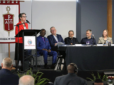 Bishop Sally Dyck, ecumenical officer for the Council of Bishops, speaks about the importance of The United Methodist Church’s relationships with other Christian bodies and the challenges those relations face. Sitting to her right are East Congo Area Bishop Gabriel Yemba Unda, Nordic-Baltic Area Bishop Christian Alsted, Germany Area Bishop Harald Rückert, Central and Southern Europe Area Bishop Stefan Zürcher and ecumenical staff officers the Rev. Jean Hawxhurst and David N. Field. Photo by Rick Wolcott, courtesy of the Council of Bishops.