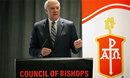 Bishop Thomas J. Bickerton delivers his final address as Council of Bishops president during the bishops’ pre-General Conference meeting April 17 in Charlotte, N.C. Photo by Rick Wolcott, Council of Bishops.