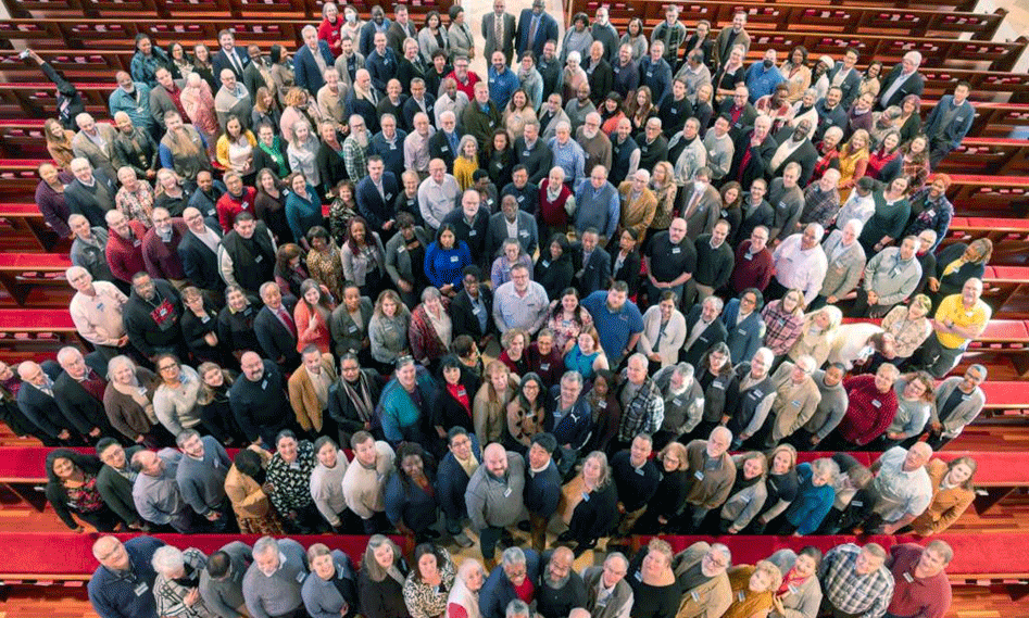 Nearly 250 consultation attendees gather for a group photo in the sanctuary of Peachtree Road UMC in Atlanta, Ga. (Photo: Adam Bowers)