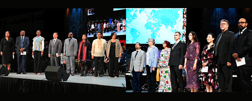 Missionaries commissioned for service during General Conference, May 2, 2024, Charlotte, NC. L to R: Rachel Therieh, Jean Martial Mbah, Mamei Sombo Lansana; D. Kim; Eric Kalumba; Sara Mae Gabuyo; Gilvren Decal and Rosangelica Acevedo, Daniel Contreras Varas; Jane Eesley; Karen Lissa Goodwin; Leslaw Kalawec; Michelle Kunce; S. Lee and Valdir Seibel, Pedro Zavala. (Photo: Christie R. House)