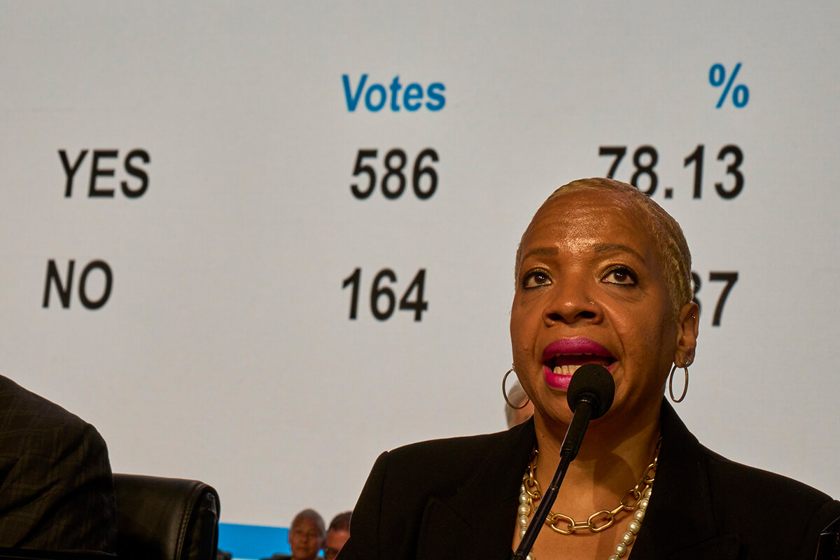 Bishop Tracy S. Malone surveys the results of General Conference delegates’ vote in favor of constitutional amendments to carry out the worldwide regionalization plan as she presides over a legislative session on April 25, 2024, in Charlotte, N.C. This year, annual conferences around the globe will hold votes on regionalization and three other amendments to the denomination’s constitution. File photo by Paul Jeffrey, UM News.