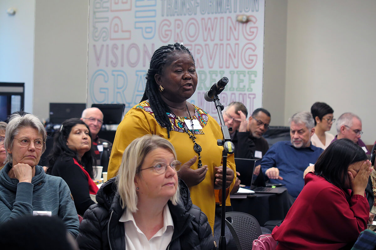 The Rev. Nelly W. Wright of Liberia addresses fellow members of the Standing Committee on Central Conference Matters about work to determine what in the administrative section of the Book of Discipline applies to the whole United Methodist Church and what can be adaptable. Photo by Heather Hahn, UM News.