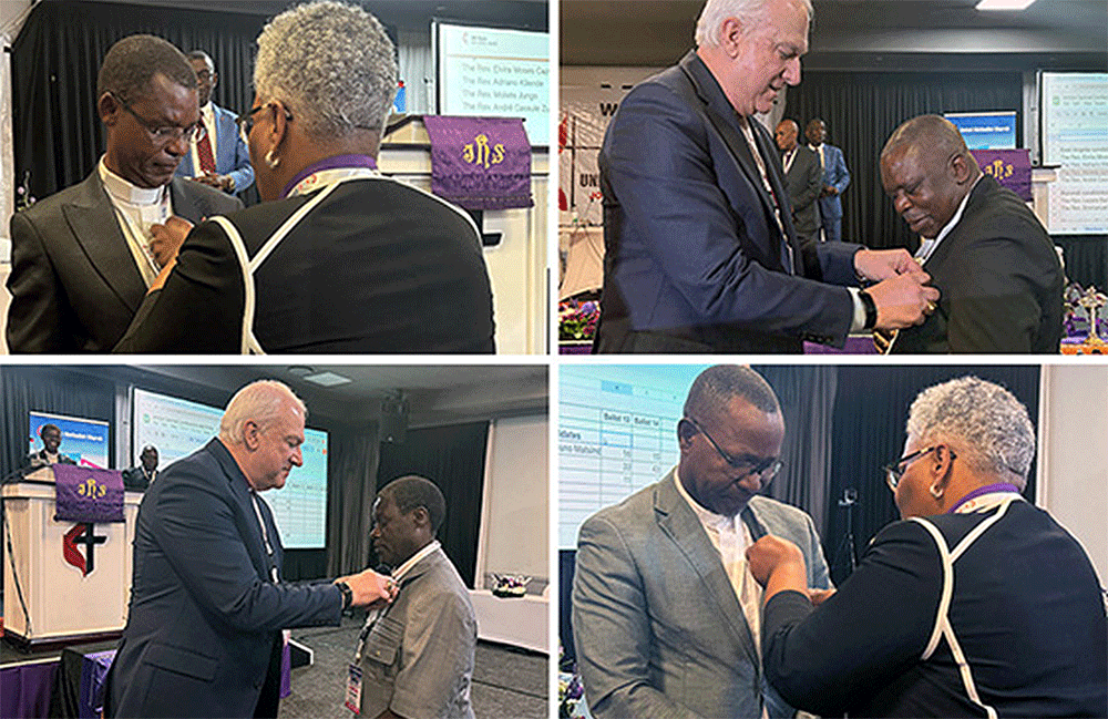 Newly elected Bishops Emmanuel Sinzohagera (clockwise from top left), Moisés Jungo, João Sambo and Gift Machinga receive their episcopal pins from Bishops LaTrelle Easterling and Thomas Bickerton. Photos by Eveline Chikwanah and Priscilla Muzerengwa, UM News