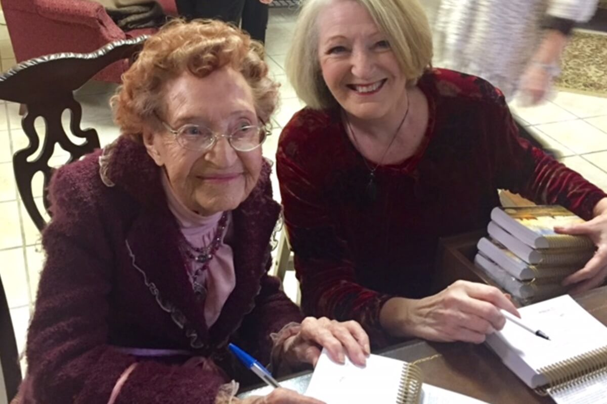 Inez Wallace (left) was Missy Buchanan’s childhood Sunday School teacher at First United Methodist Church in Mesquite, Texas. Missy dedicated a devotional calendar, Spirit Boosters for the Journey of Aging, to Wallace and invited her to a book signing. She passed away at age 104. “She wrote me wonderful letters – not notes, but letters – as encouragement,” remembers Buchanan. Photo courtesy of Missy Buchanan.
