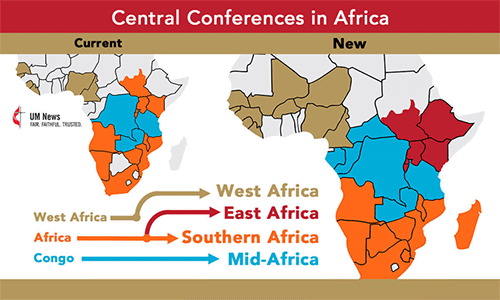 This map shows the central conference split to form the Southern Africa and East Africa central conferences. Graphic by Ben Ward, UM News.