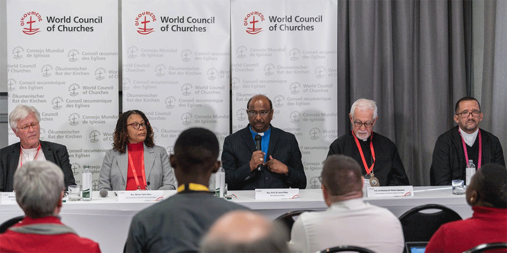 WCC general secretary Rev. Prof. Dr Jerry Pillay speaks at a press conference at the 2025 Central Committee meeting of the World Council of Churches taking place in Johannesburg (South Africa) from 18 to 24 June 2025 on the theme ’Pilgrimage of Justice, Reconciliation, and Unity’. Photo:  Albin Hillert/WCC