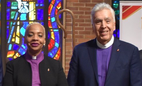 COB President Bishop Tracy S. Malone with COB President-Designate Bishop Ruben Saenz, who is the co-convener of the Design Team for the COB 2026 Leadership Gathering.