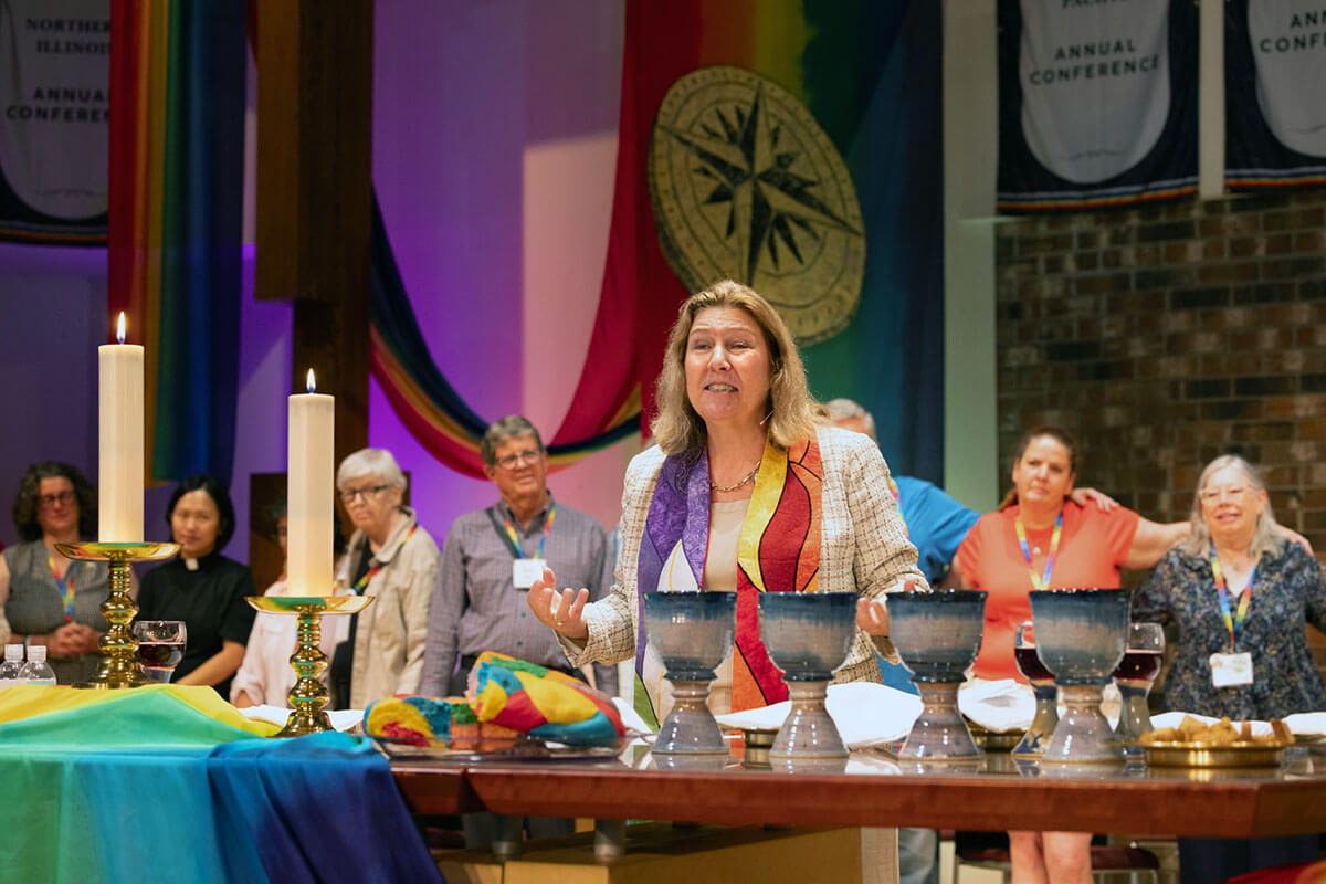 Mountain Sky Conference Bishop Kristin Stoneking gives the benediction at the closing worship of Reconciling Ministries Network’s convocation held at First United Methodist Church in downtown Madison, Wis. The July 24-27 convocation, with the theme “Uncharted,” celebrated the removal of denomination-wide restrictions targeting LGBTQ people and also acknowledged the challenges ahead in a new denominational landscape. Photo by Joscie Cutchens, UM News.  