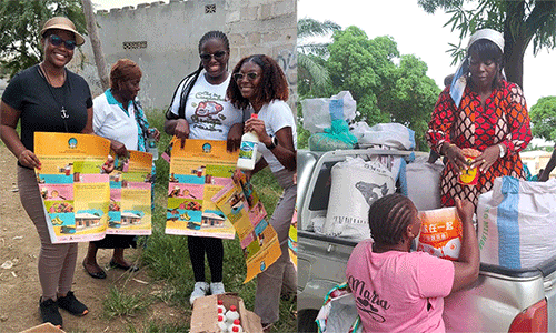 Tapiwanashe Moreblessing Manyeza (left) and some youth from the West Angola Conference participate in an educational campaign in Luanda, Angola and Nana Kutela Fatuma Katembo (standing in truck) distributes groundnut seeds to women in Caxito, Angola, as part of the church’s farming ministries in the country.