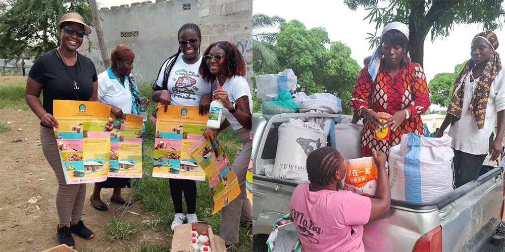 Tapiwanashe Moreblessing Manyeza (left) and some youth from the West Angola Conference participate in an educational campaign in Luanda, Angola and Nana Kutela Fatuma Katembo (standing in truck) distributes groundnut seeds to women in Caxito, Angola, as part of the church’s farming ministries in the country.