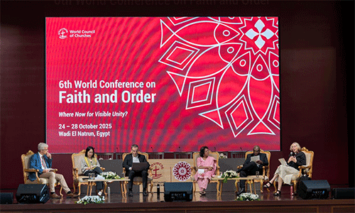 Wadi El Natrun, Egypt: Rev. Canon Dr Charlotte Methuen (Scottish Episcopal Church) speaks during a plenary on 'Living Visible Unity' underway at the World Council of Churches Sixth World Conference on Faith and Order taking place 24-28 October 2025 in Wadi El Natrun, Egypt, around the theme “Where now for visible unity?” Photo: Albin Hillert/WCC