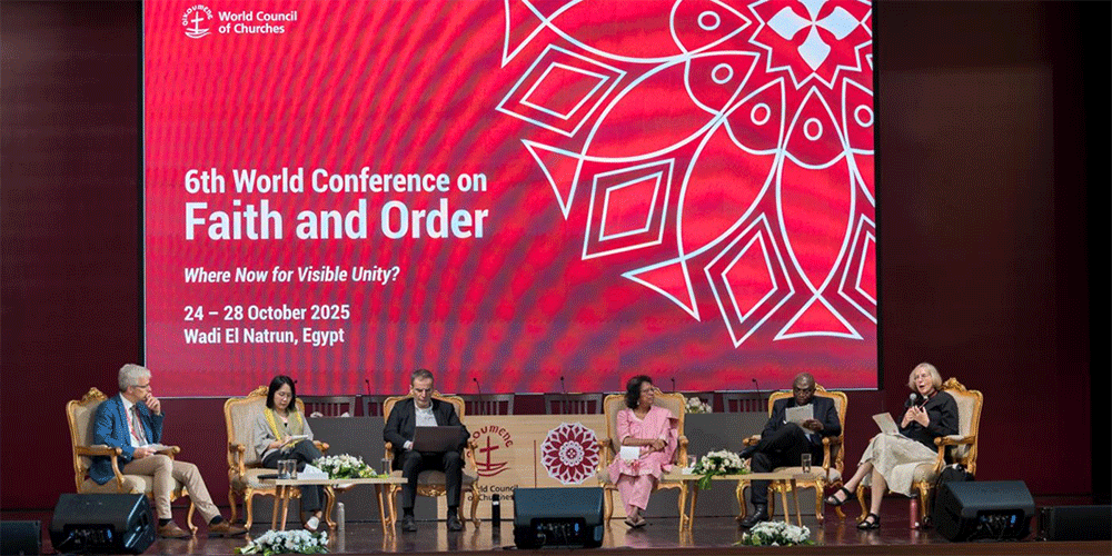 Wadi El Natrun, Egypt: Rev. Canon Dr Charlotte Methuen (Scottish Episcopal Church) speaks during a plenary on 'Living Visible Unity' underway at the World Council of Churches Sixth World Conference on Faith and Order taking place 24-28 October 2025 in Wadi El Natrun, Egypt, around the theme “Where now for visible unity?” Photo: Albin Hillert/WCC