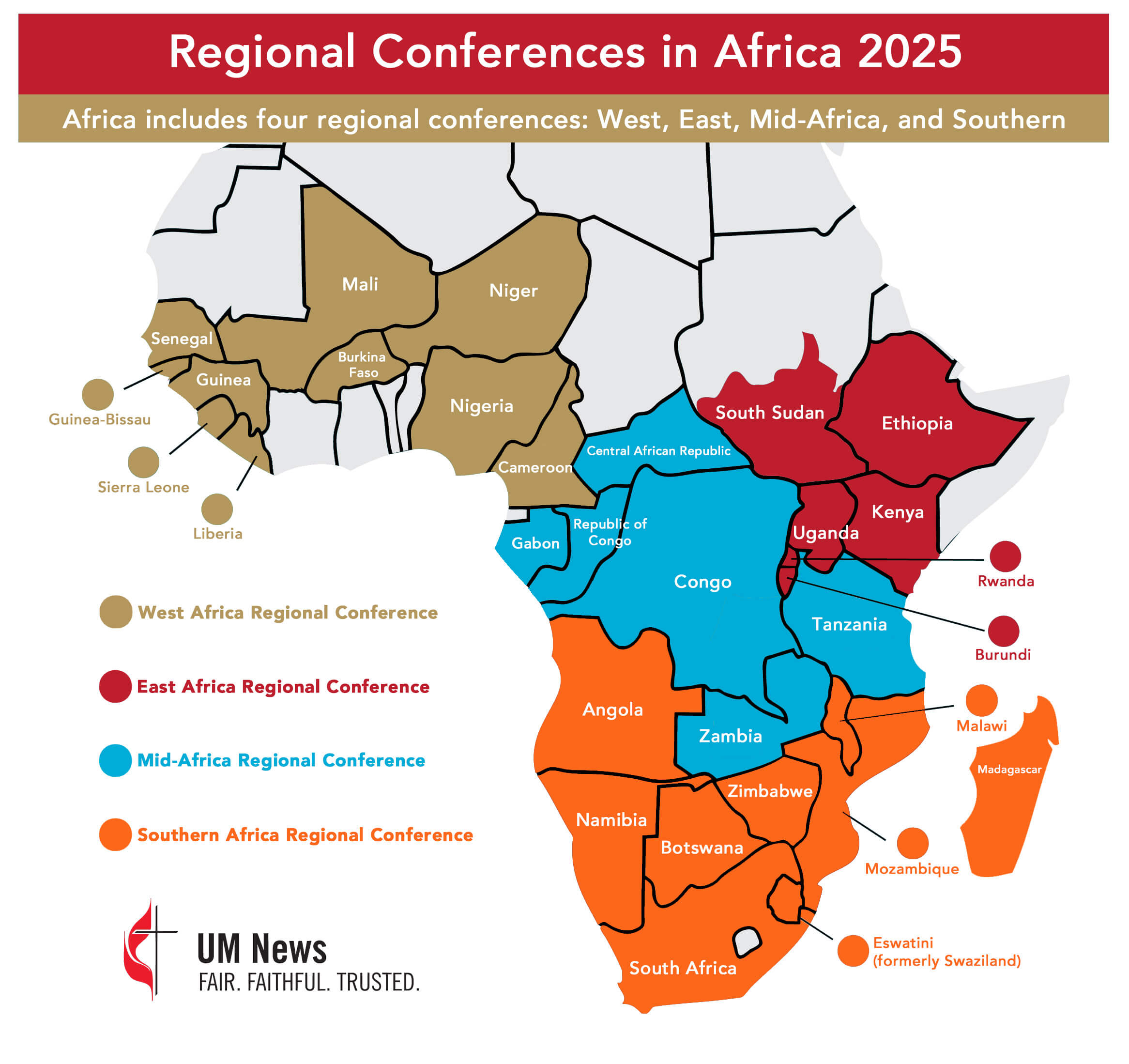 Map of the Regional Conferences in Africa 2025. Graphic by Ben Ward, UM News.