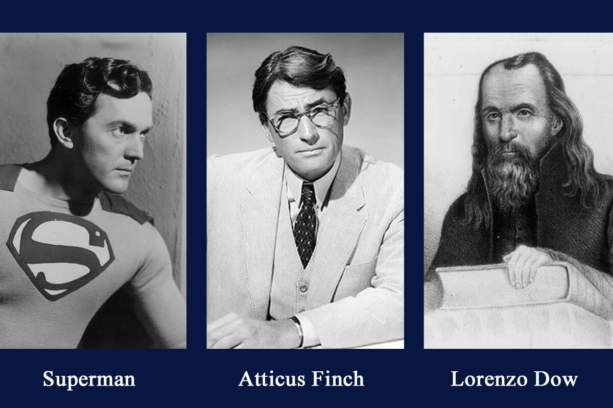 A lo largo de los años, se ha identificado a personajes de ficción como Superman y Atticus Finch de “Cómo matar a un ruiseñor” como metodistas. Una nueva novela “La liberación de Barker McRae”, presenta un personaje ficticio basado en Lorenzo Dow, en la imagen de la derecha, un predicador metodista itinerante del siglo XIX. También aparecen en la imagen, de izquierda a derecha, los actores Kirk Alyn quien interpretó a Superman en la década de 1940, y Gregory Peck como Finch en la película de 1962 “Matar a un ruiseñor”. Las imágenes de la película son cortesía de Wikimedia Commons y la foto de Dow es cortesía de la “Enciclopedia del Metodismo Mundial”.