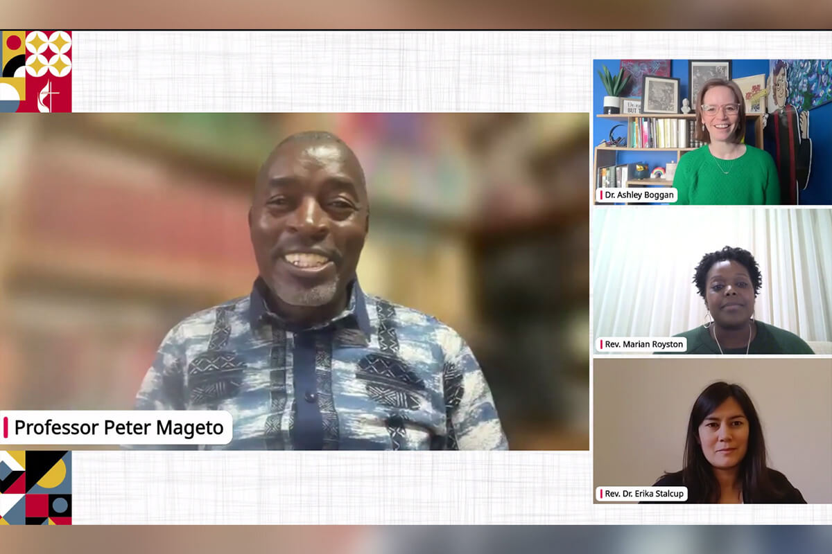 Le révérend Peter Mageto, de l’Université d’Afrique (Africa University), s'exprime lors d'un webinaire organisé le 24 janvier pour explorer la théologie wesleyenne qui sous-tend la vision de la dénomination consistant à « aimer avec audace ». Il est accompagné d'Ashley Boggan (photo dans le sens des aiguilles d'une montre), cadre supérieur de la Commission méthodiste unie des archives et de l'histoire, qui a animé la table ronde, du révérend Marian Royston de la Conférence du nord de l'Alabama et du révérend Erika Stalcup de Suisse. Il s'agissait du premier d'une série de trois webinaires organisés avant la réunion des dirigeants du Conseil des Évêques en octobre. Capture d'écran gracieusement fournie par United Methodist Communications.