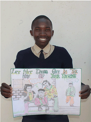 Darven Mutoyi, 16, showcases his prize-winning artwork in a competition aimed to promote awareness of the dangers of drug abuse at Chinyauhwera High School in The United Methodist Church’s Zimunya Central Circuit, in the Mutare area of Zimbabwe, as part of the Pillars & Plants program. Photo by Kudzai Chingwe.