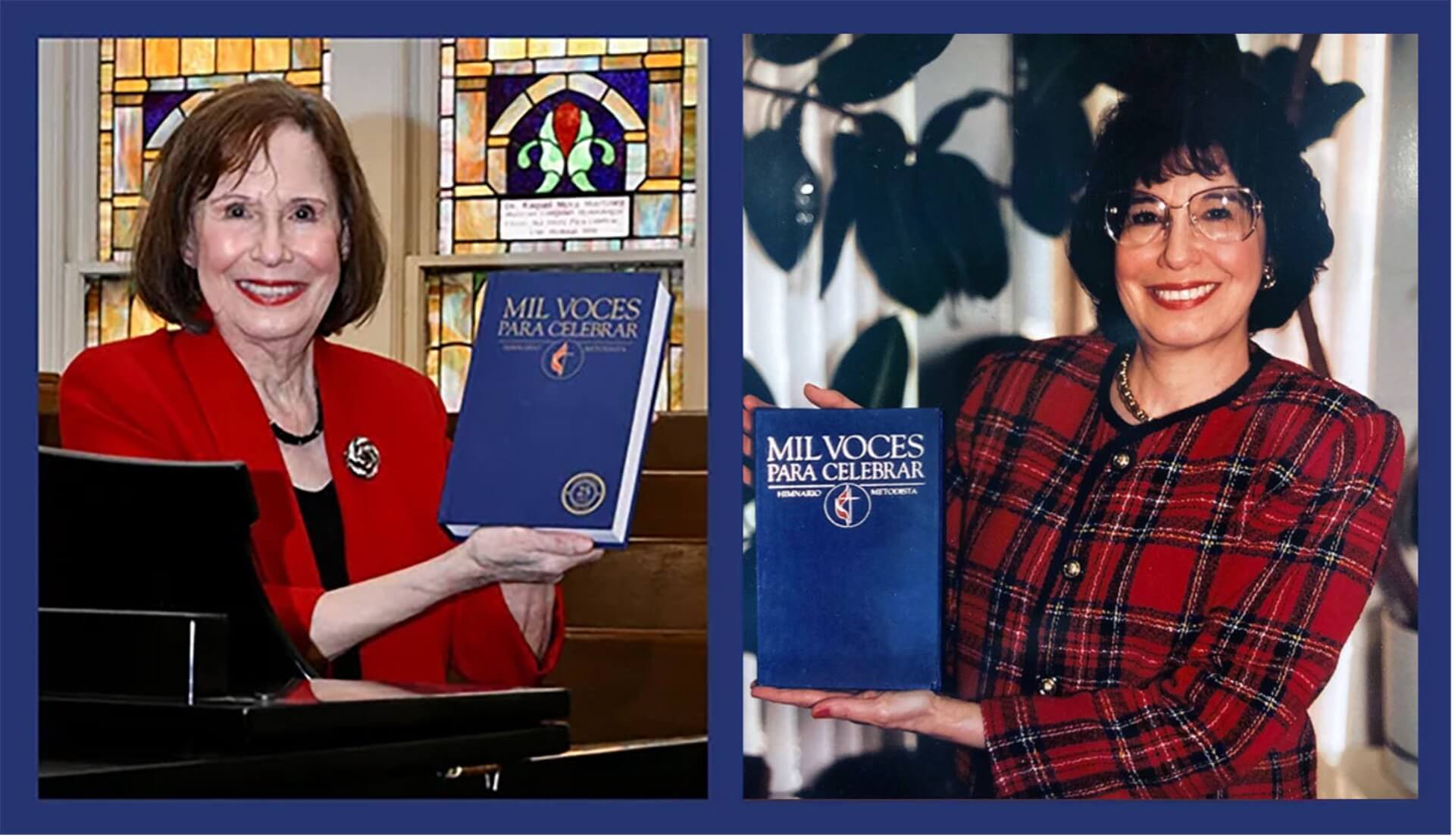 Dos momentos importante en la vida ministerial de Raquel Martínez: a la derecha momentos del lanzamiento del “Himnario Mil Voces” y a la izquierda la celebración del 25 aniversario de ese trabajo musical y litúrgico. Foto cortesía de la familia Martínez. Fotocomposición Rev. Gustavo Vasquez, Noticias MU.