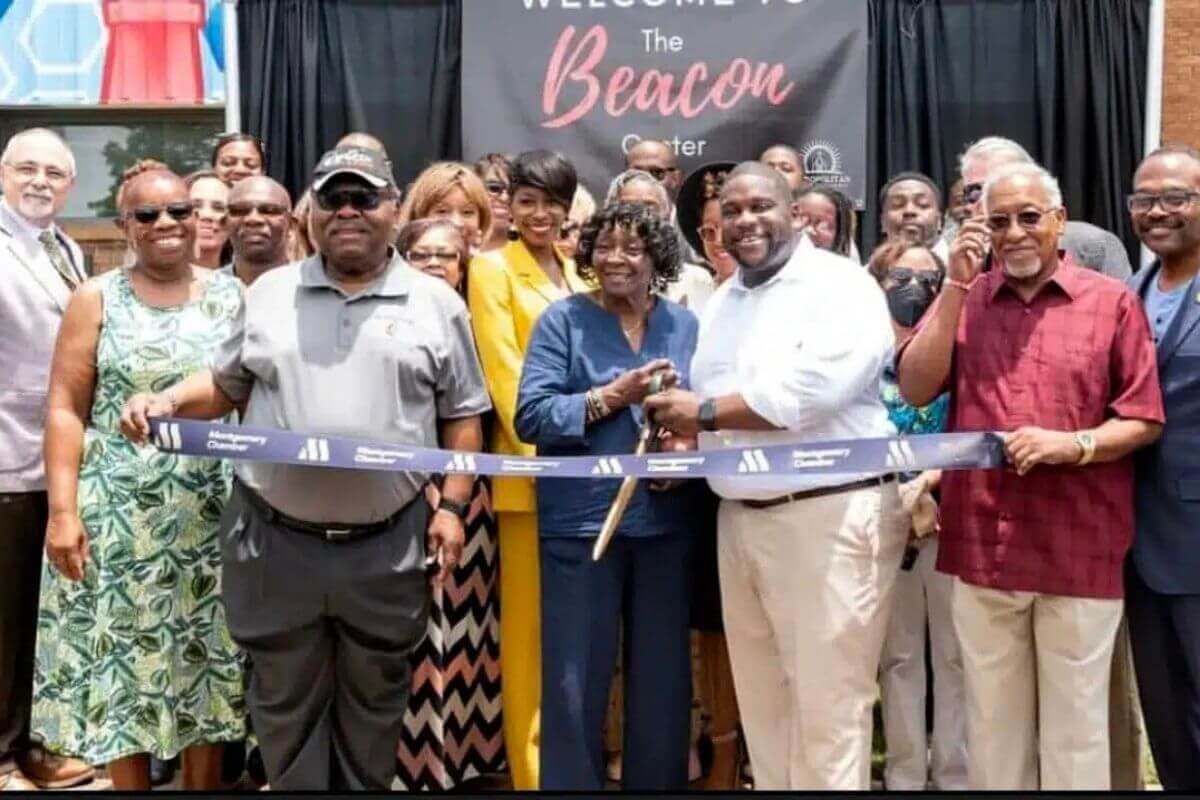 Ribbon-cutting ceremony (July 2022) for the Beacon Center in Montgomery, Alabama, a ministry of Metropolitan UMC. Rev. Richard WIlliams, first row, second from right, in the white shirt. Photo courtesy of Metropolitan UMC.
