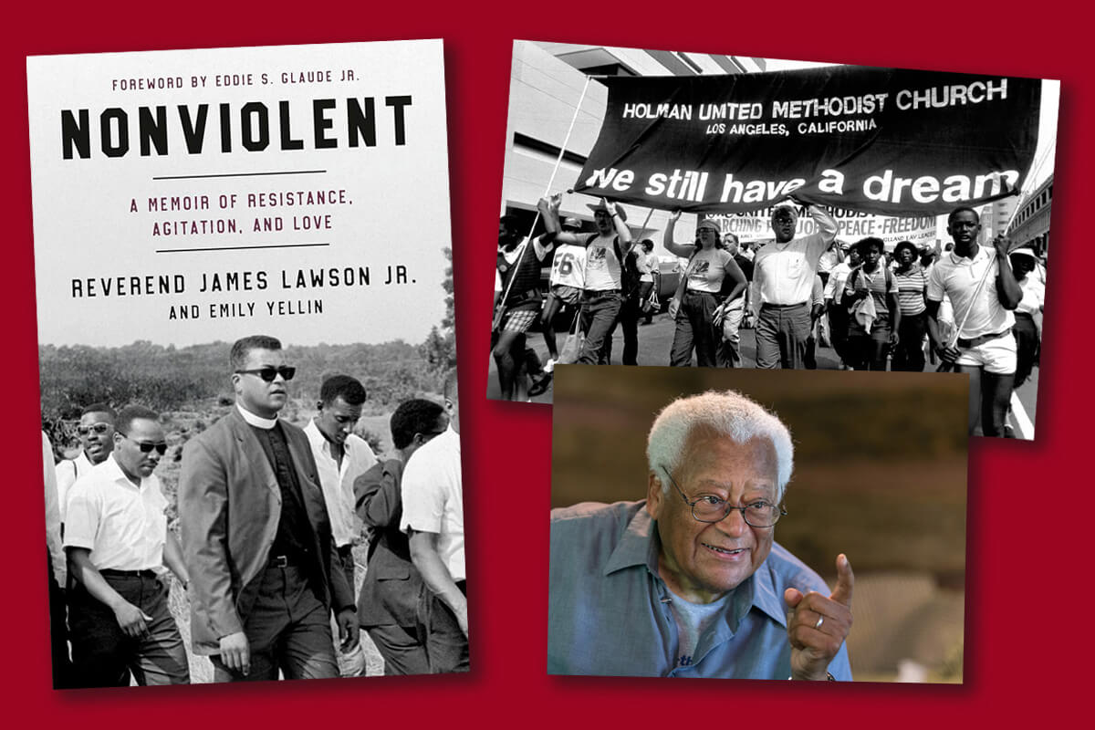 Un nouveau livre, « Nonviolent: A Memoir of Resistance, Agitation and Love », retrace le rôle prépondérant joué par le révérend James Lawson Jr. aux côtés du révérend Martin Luther King Jr. pendant le mouvement des droits civiques. En haut à droite, Lawson participe à la direction de la Marche pour la paix, l’emploi et la liberté à Washington en 1984 avec des membres de l’église Méthodiste Unie Holman. Il a longtemps été pasteur de Holman, située à Los Angeles. En bas à droite, Lawson s'exprime lors d'une interview accordée en 2016 à United Methodist News. Couverture du livre gracieusement fournie par Random House ; photo de la marche par John C. Goodwin, Conseil des ministères mondiaux ; portrait par Mike DuBose, UM News.