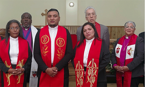Front row, newly ordained elders: the Rev. María Magdalena Zelaya Cruz, the Rev. Héctor Mauricio Laínez Rodríguez and the Rev. Juana Jamileth Moncada Torres. Second row: Bishops José Roberto Peña Nazario, Juan Miguel Simpson Bennett, Rubén Sáenz Jr. and Lizette Gabriel Montalvo. Photo: Gustavo Vásquez, UM News.