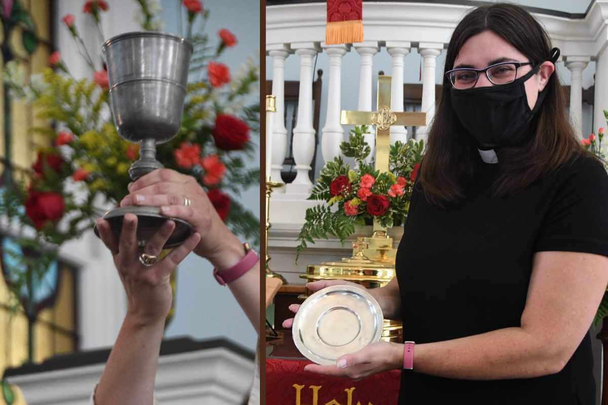 The Rev. Dr. Bonnie McCubbin holds Bishop Philip Otterbein’s chalice and paten, both used in serving communion, at the 250th Anniversary of Old Otterbein UMC in 2021. Photos by Melissa Lauber, Baltimore-Washington Conference of The United Methodist Church.
