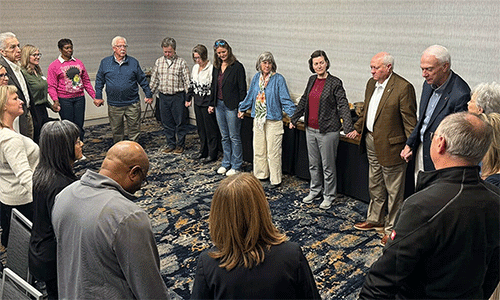 United Methodist leaders pray during a Feb. 27-28 summit in Nashville, Tenn., focused on the future of episcopal leadership. This week, the denomination’s Judicial Council will take up questions related to the allocation of U.S. bishops going forward. Photo by Andrew Jensen, General Council on Finance and Administration.