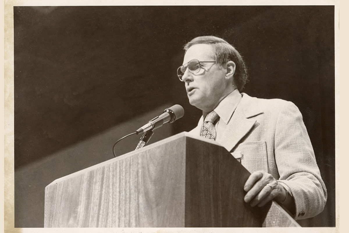 Bishop C. Dale White speaks at the 1980 United Methodist General Conference in Indianapolis about his 11-day visit to Iran in November aimed at fostering dialogue amid the Iranian hostage crisis. White spoke about his delegation’s meeting with the Ayatollah Ruhollah Khomeini. File photo courtesy of the United Methodist Commission on Archives and History.   