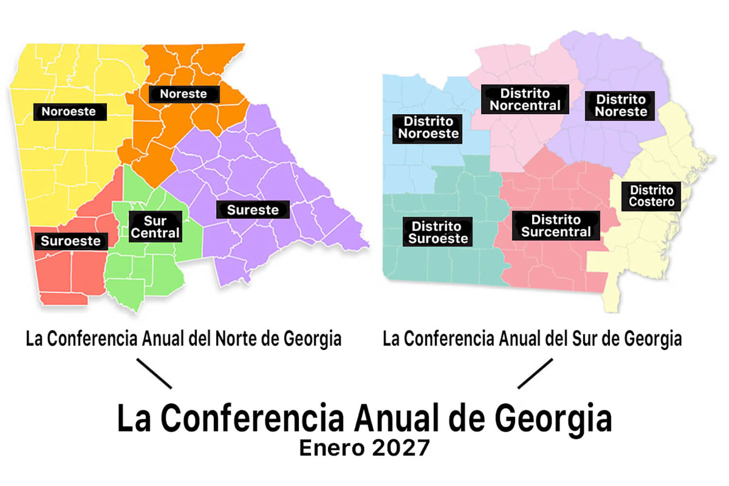 Las/los delegados/as de la Conferencia Jurisdiccional Sudeste aprobaron por unanimidad un plan para unificar las conferencias anuales del Norte y Sur de Georgia en una sola. La nueva Conferencia Anual de Georgia unificada comenzará sus operaciones en enero de 2027. Mapas original cortesía de la Conferencia Anual del Sur de Georgia. Versión en español, Rev. Gustavo Vasquez, Noticias MU. 