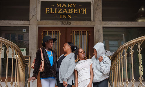 Tajnia Hawthorne (left to right), Tanquiesha Kairy, Shavone Watts and Latasha Jones, standing in front of Mary Elizabeth Inn, San Francisco, California, USA. Photo © 2025 Nile Sprague.