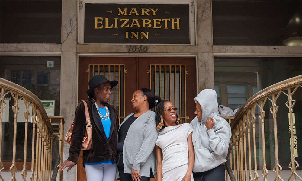 Tajnia Hawthorne (left to right), Tanquiesha Kairy, Shavone Watts and Latasha Jones, standing in front of Mary Elizabeth Inn, San Francisco, California, USA. Photo © 2025 Nile Sprague.